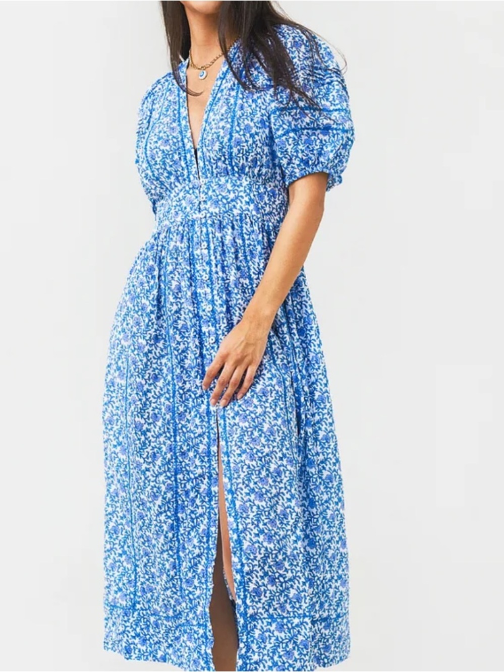 Poupette St Barth Reine blue and white Floral Midi Dress, Size Small